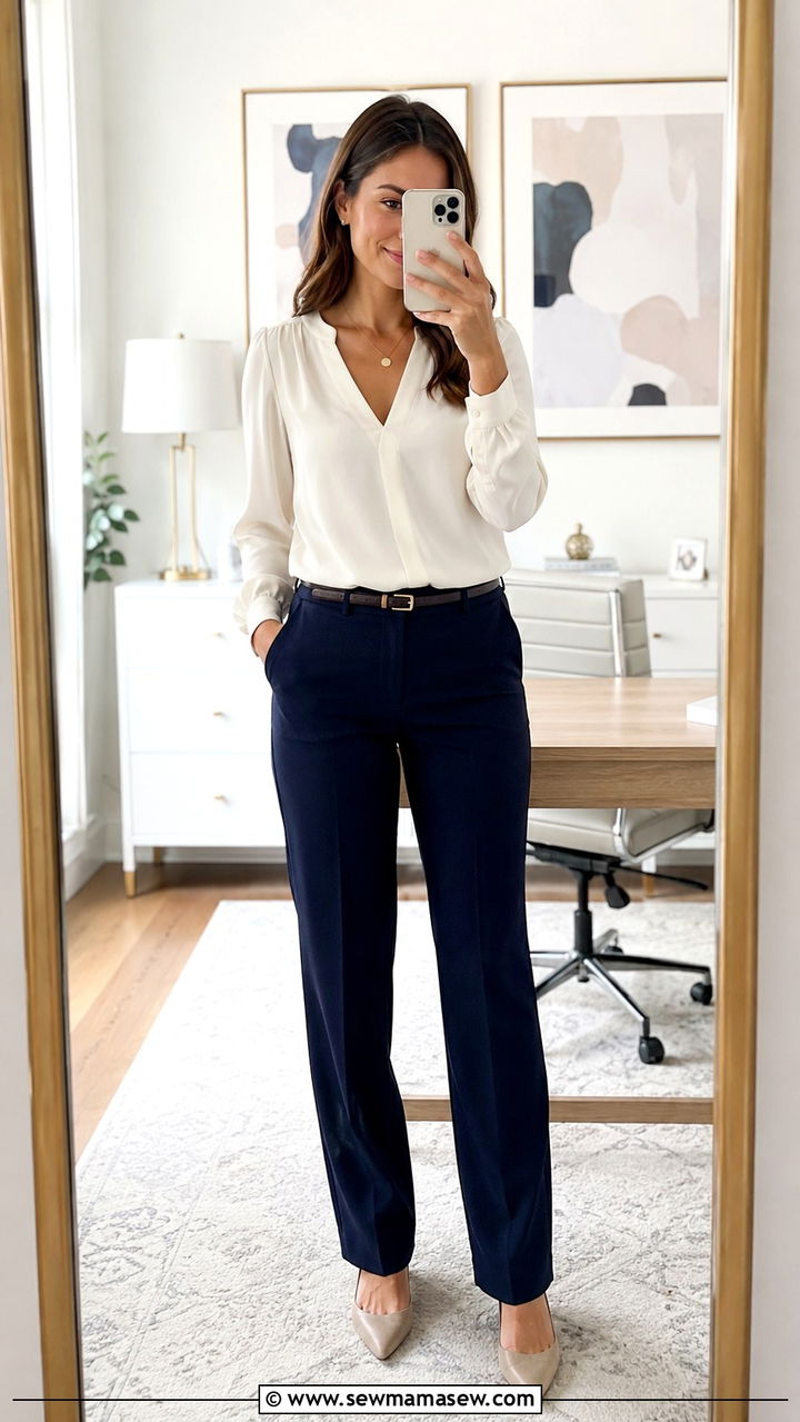 V Neck Blouse with Straight Leg Trousers - 20 work outfits for apple shaped body