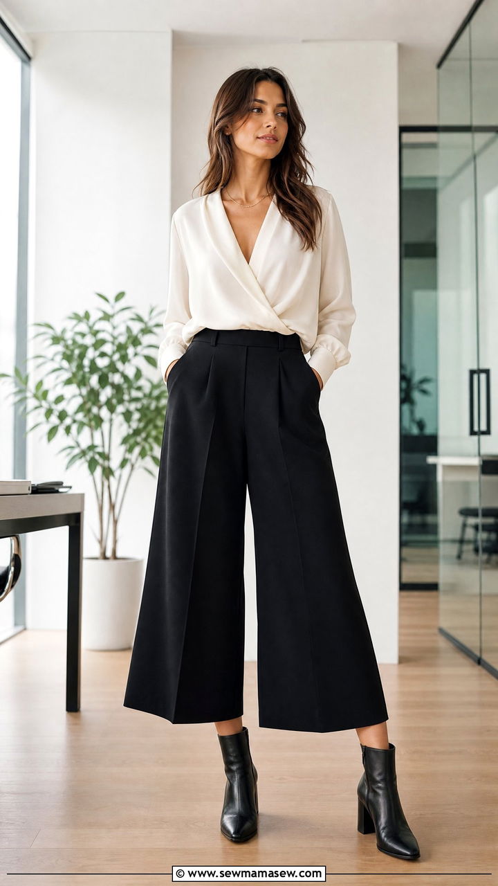 V Neck Blouse with Wide Leg Culottes and Block Heel Boots - 25 Business casual outfits with boots