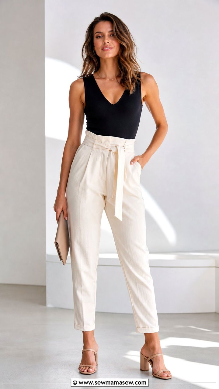 V Neck Bodysuit With Paperbag Waist Pants Spring Outfit - 25 Spring outfits for inverted triangle shape