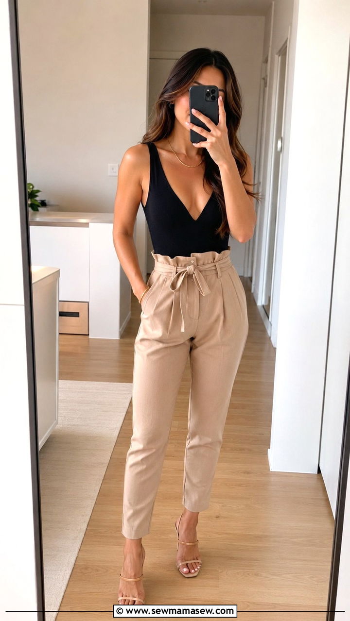 V Neck Bodysuit With Paperbag Waist Trousers - 30 Petite outfit ideas to elongate legs