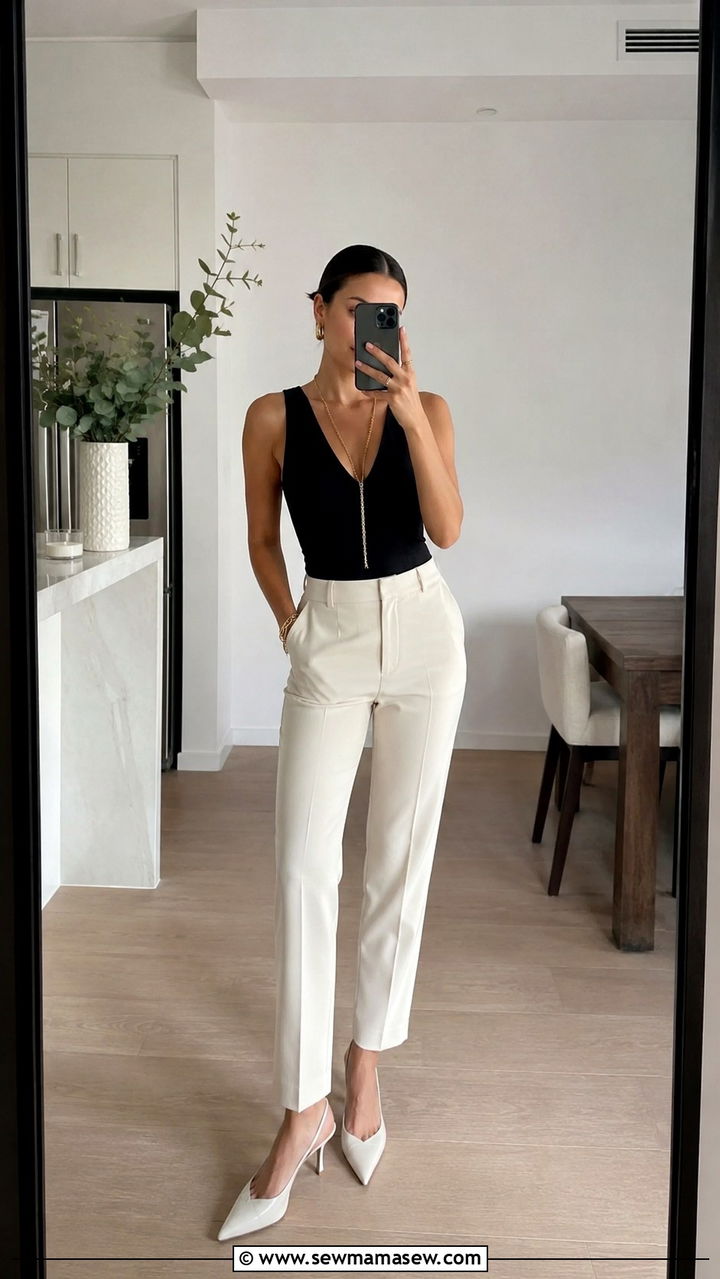 V Neck Bodysuit and High Rise Trousers - 30 Petite outfit ideas to create a longer silhouette