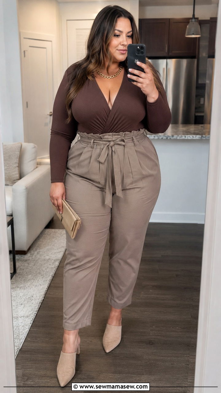 V Neck Bodysuit and Paperbag Pants Plus Size - 25 Outfit ideas for big bust plus size