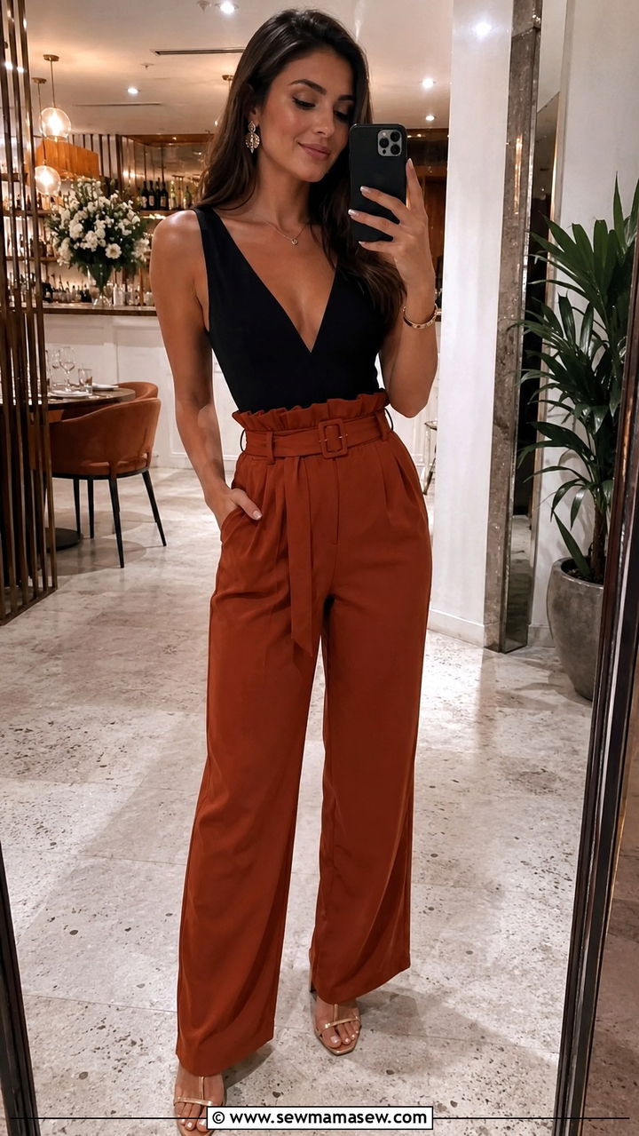 V Neck Bodysuit and Paperbag Waist Trousers - 30 Outfit ideas for broad shoulders