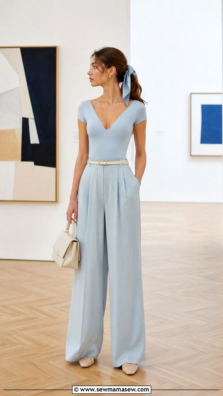 V Neck Bodysuit with Wide Leg Pants - 25 Pilates princess outfit ideas