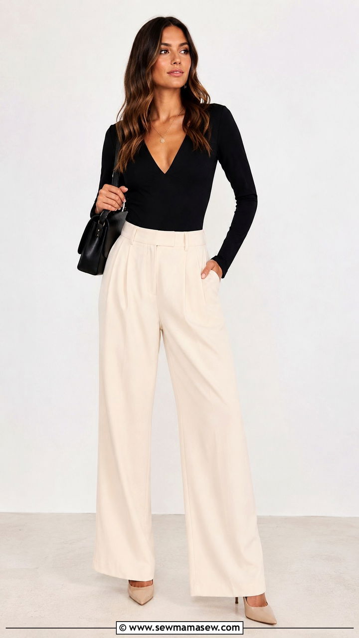 V Neck Bodysuit with Wide Leg Trousers - 25 Outfits to balance shoulders