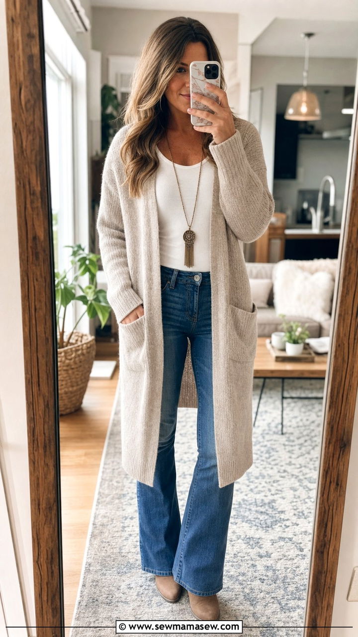 V Neck Cardigan with Bootcut Jeans Outfit - 25 Cute outfits for inverted triangle shape