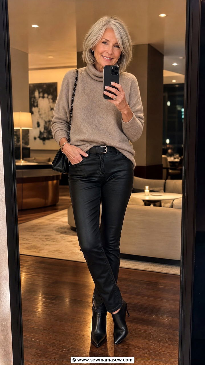 V Neck Cashmere Sweater and Coated Jeans with Ankle Boots - 30 Concert outfits for women over 60