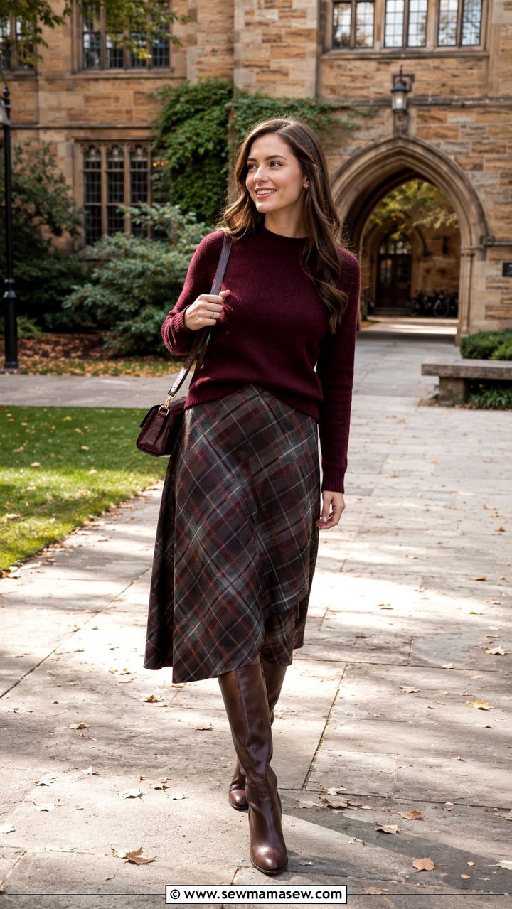 V Neck Cashmere Sweater with A Line Skirt and Tall Boots - 30 business casual outfits aesthetic