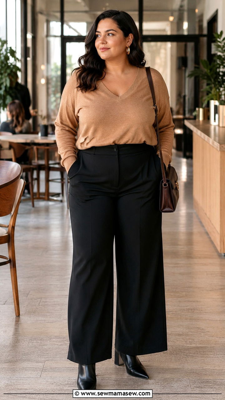 V Neck Cashmere Sweater with High Waisted Wide Leg Trousers - 25 Plus size outfit ideas Parisian
