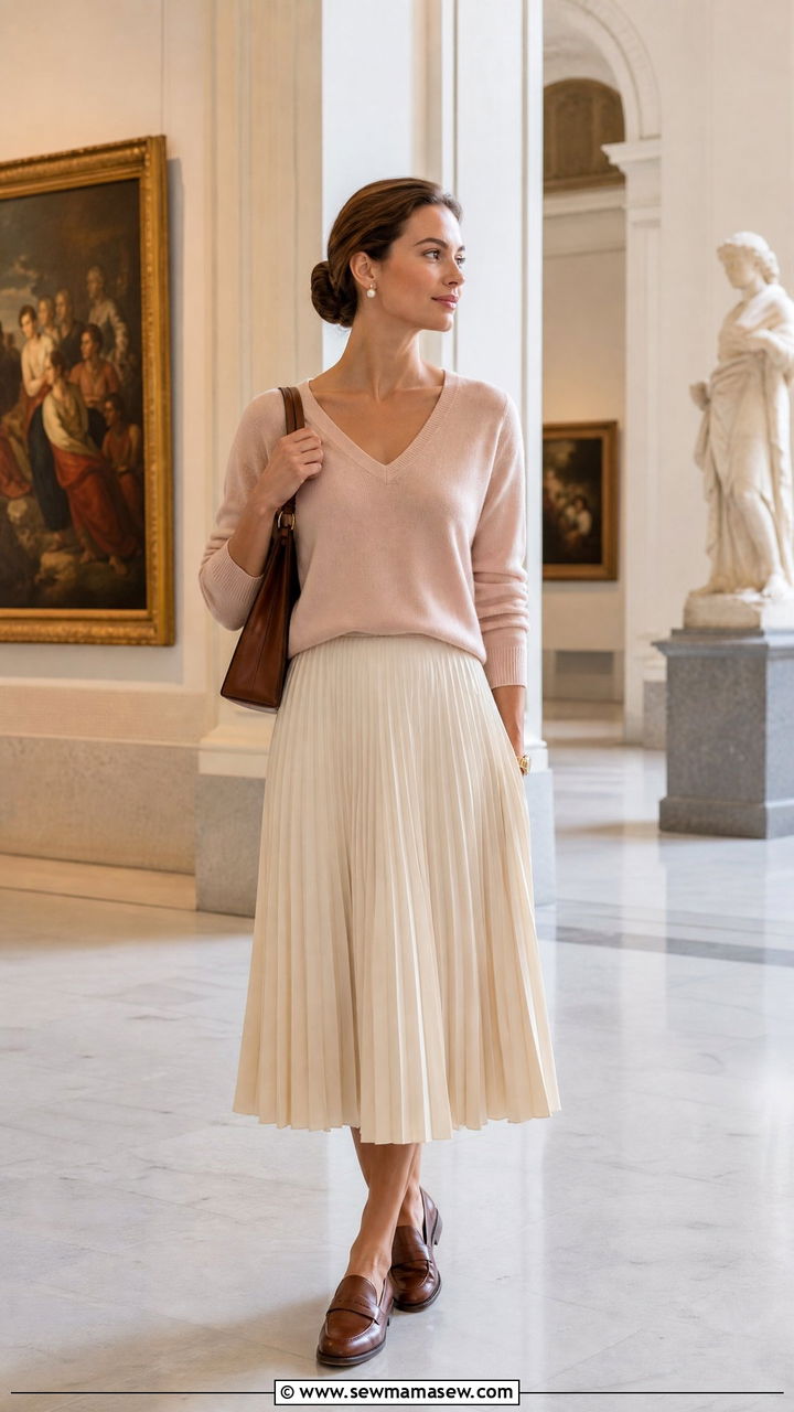 V Neck Cashmere Sweater with Pleated Midi Skirt and Loafers - 25 Old money outfit ideas for travel