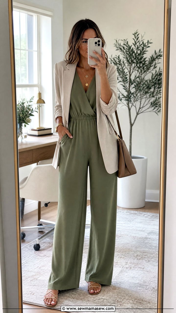 V Neck Jumpsuit With Layered Necklaces - 25 Jumpsuit outfit ideas for summer