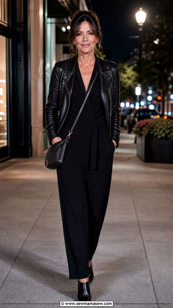 V Neck Jumpsuit With Leather Jacket - 30 Jumpsuit outfit ideas for women over 40