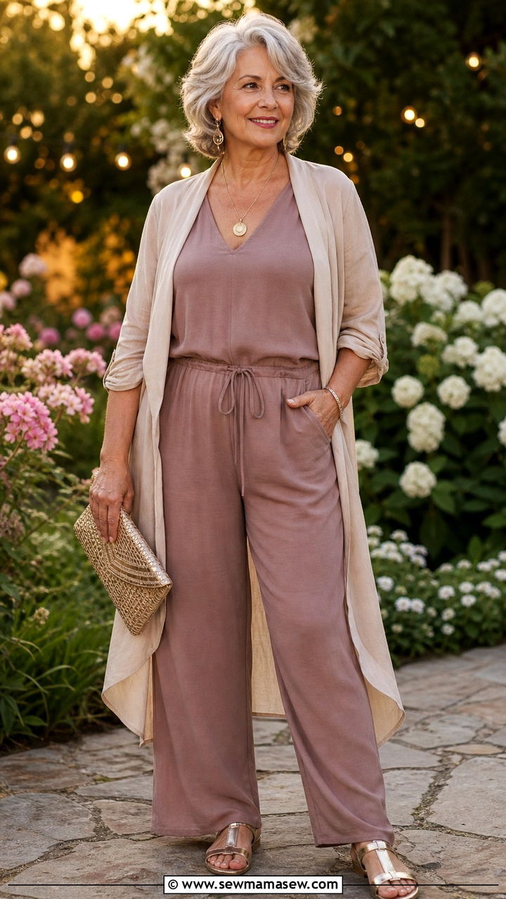 V Neck Jumpsuit With Structured Duster - 20 Apple shape outfits for women over 60