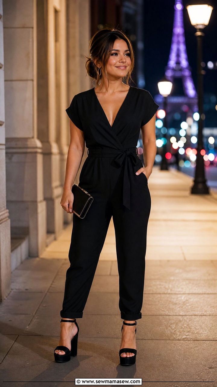 V Neck Jumpsuit with Platform Sandals Outfit - 25 Petite outfit ideas under 5 feet