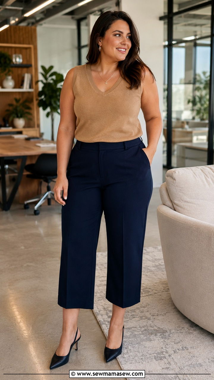 V Neck Knit Shell With Cropped Wide Leg Pants - 20 work outfits for women with big bust