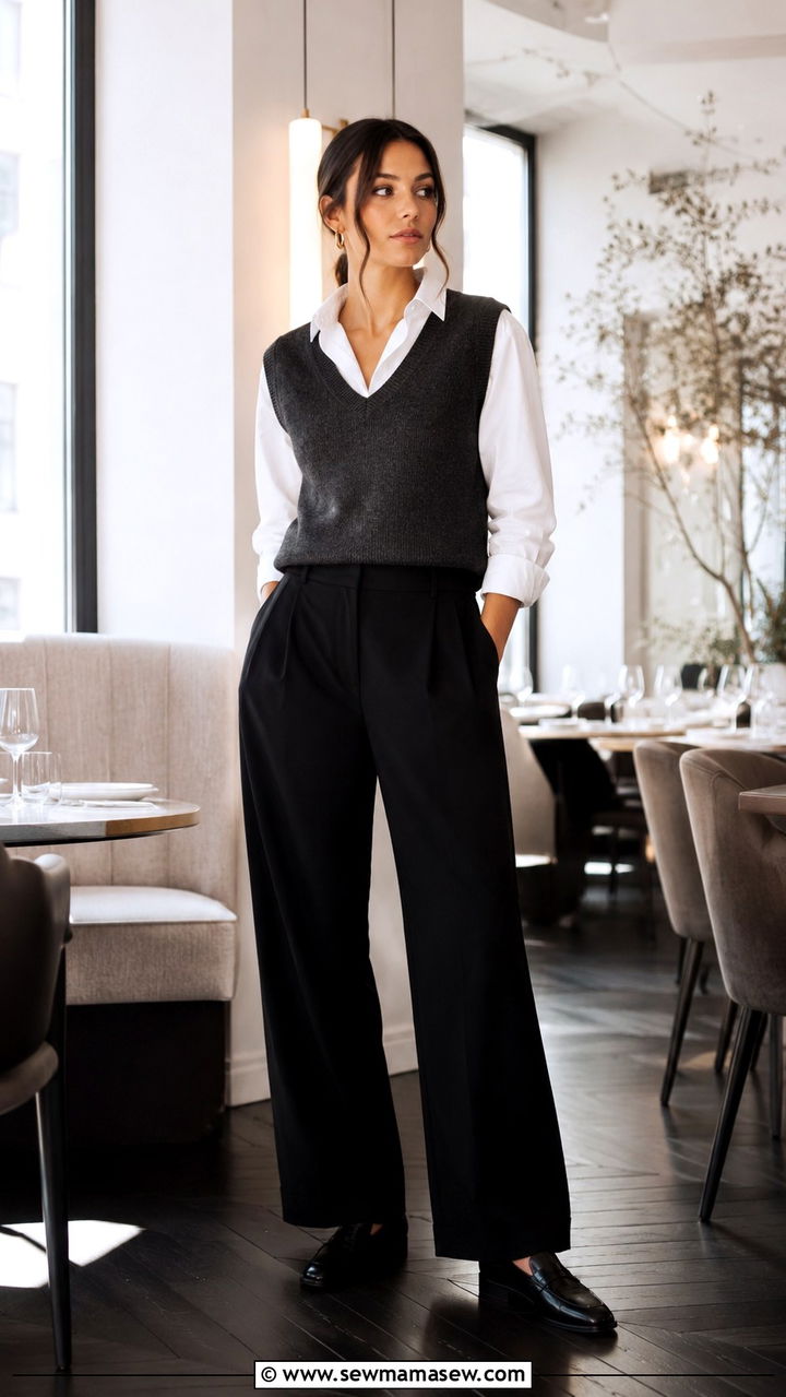 V Neck Knit Vest Over A White Shirt With Wide Leg Pants - 25 Restaurant server outfit ideas