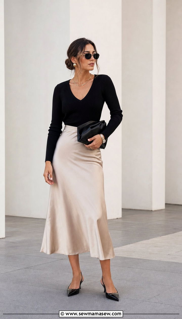 V Neck Knit With Satin Midi Skirt - 25 spring 90s outfits