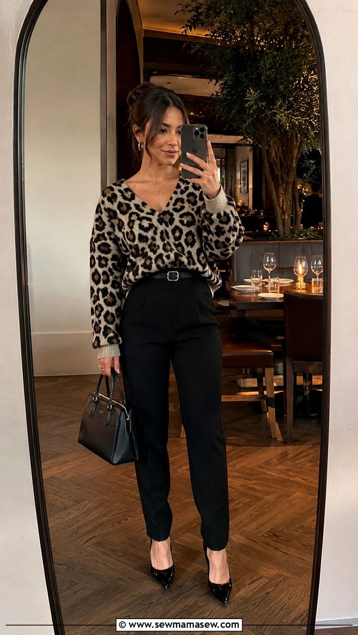 V Neck Leopard Sweater With Black Trousers - 30 classy outfits for petite women