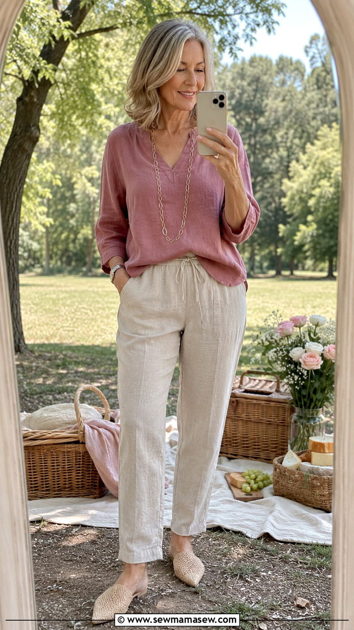 V Neck Linen Blouse With Pull On Trousers - 30 Picnic outfits for women over 50