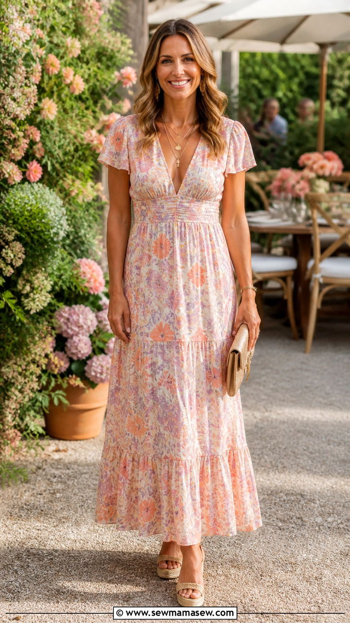 V Neck Maxi Dress Outfit With Layered Necklaces And Wedges - 40 maxi dress outfit ideas