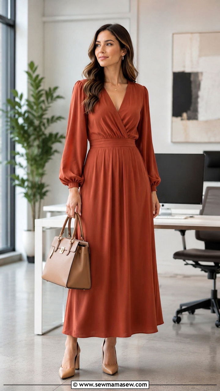 V Neck Maxi Dress With Bishop Sleeves And Block Heels - 30 Maxi dress with sleeves outfit ideas
