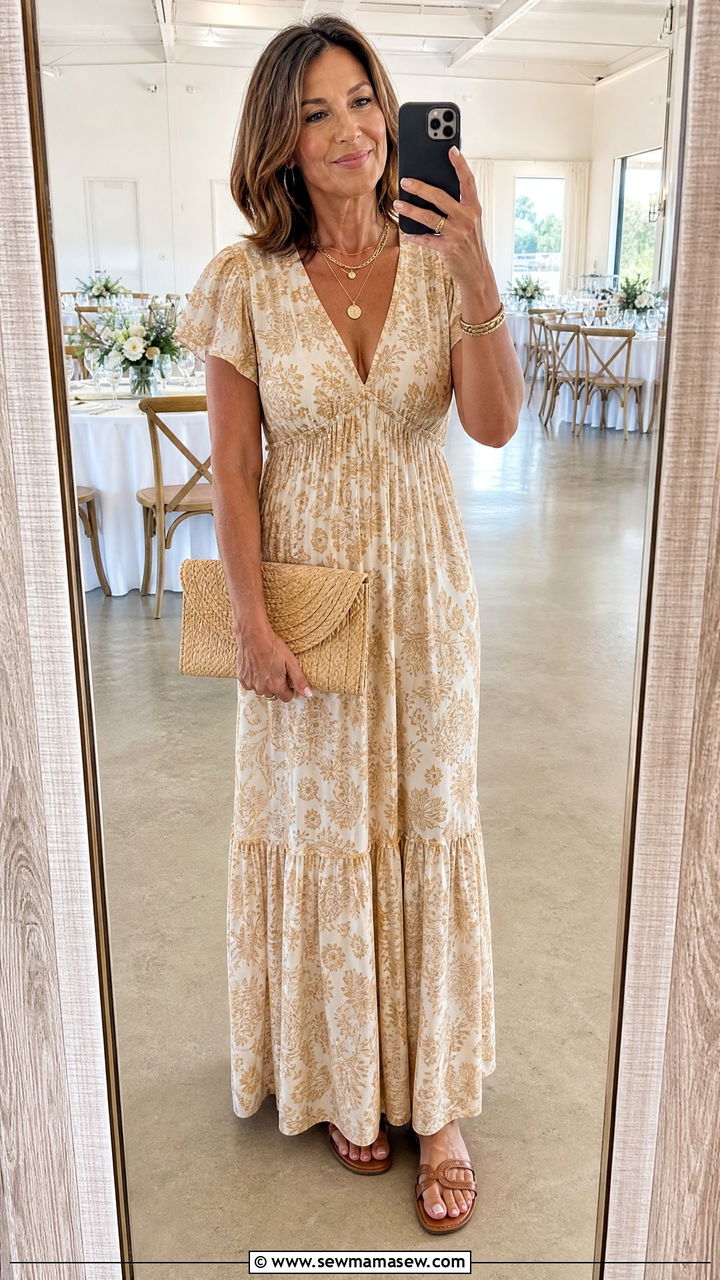 V Neck Maxi Dress With Layered Necklaces - 30 Maxi dress for women over 40 outfit ideas