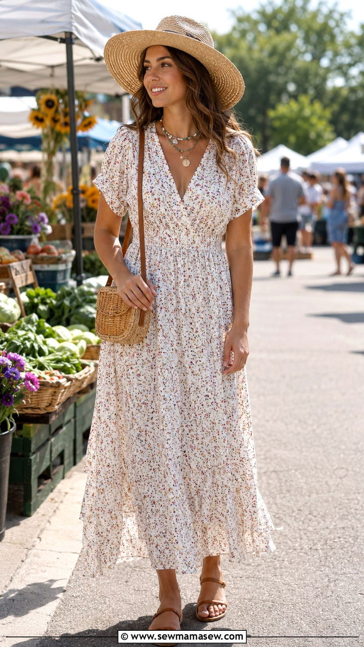 V Neck Maxi Dress With Sandals - 25 Outfit ideas for strawberry body shape