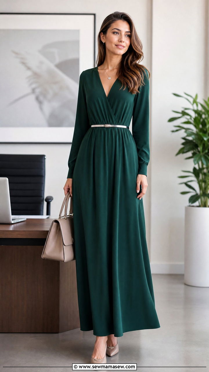 V Neck Maxi Dress with Skinny Metallic Belt and Pointed Flats - 30 Maxi dress outfit ideas with a belt