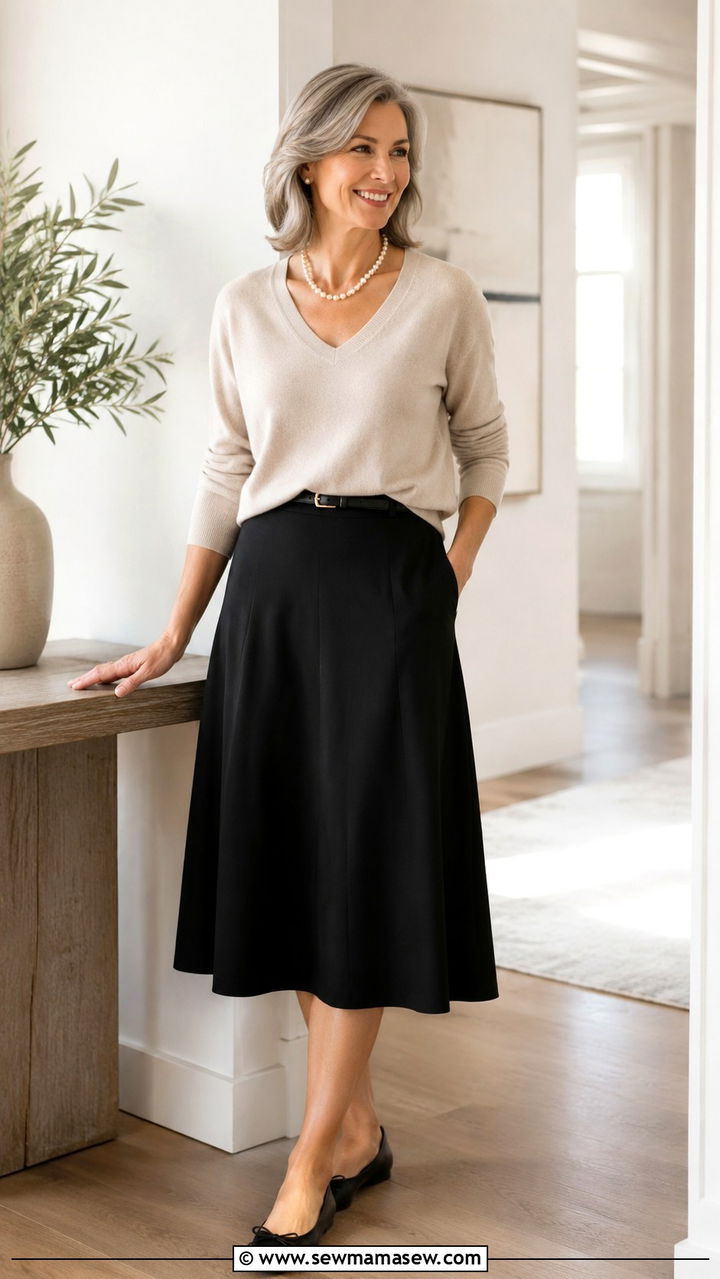 V Neck Sweater And A Line Skirt - 30 Minimalist outfit ideas for women over 50