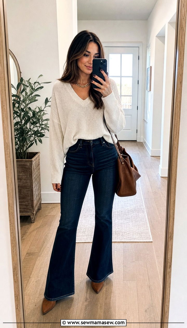 V Neck Sweater And Flare Jeans Pear Body Spring - 25 spring outfits for pear shaped body