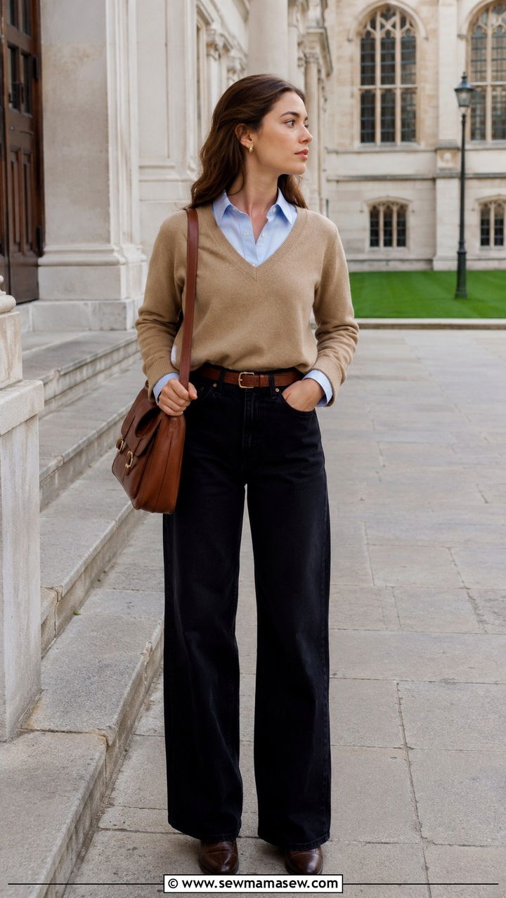 V Neck Sweater Layered Over Collared Shirt with Wide Jeans - 25 Old money outfit ideas with jeans