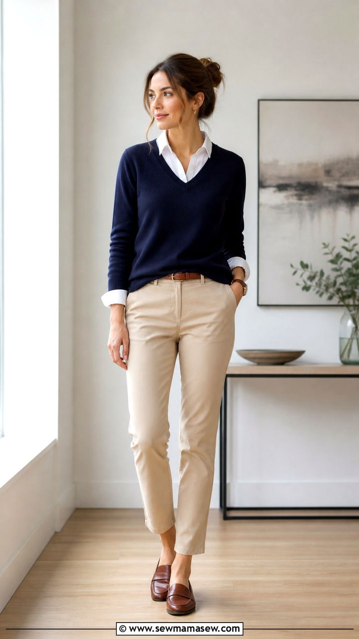 V Neck Sweater Over Collared Shirt With Chinos And Loafers - 40 Timeless outfit ideas
