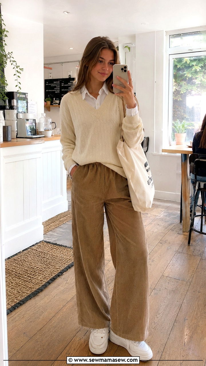 V Neck Sweater Over Collared Shirt With Corduroy Pants - 25 Preppy outfits for teens