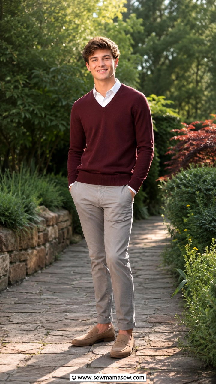 V Neck Sweater Over Collared Shirt with Chinos - 30 Senior photo outfit ideas for guys