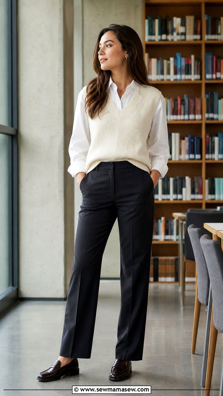 V Neck Sweater Vest Layered over a Button Down Shirt - 35 Back to school outfit ideas 2026