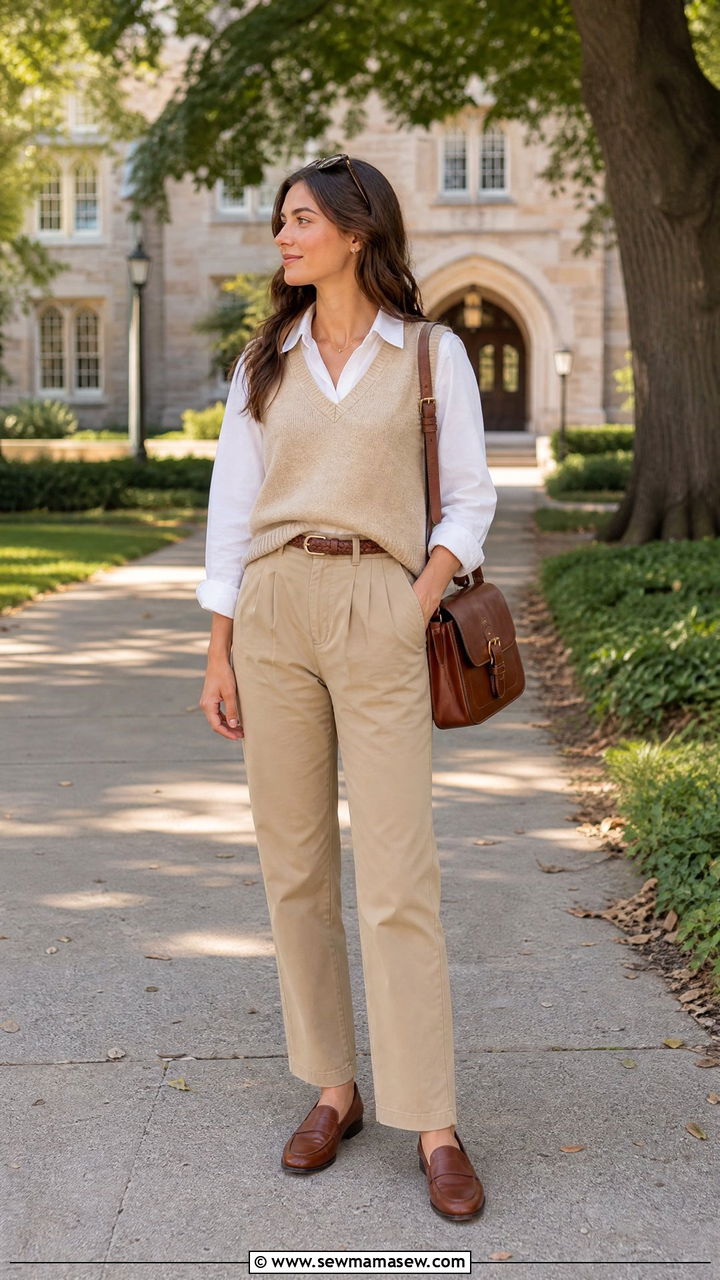 V Neck Sweater Vest Over Collared Shirt and Chinos - 30 Modest outfit ideas clean girl