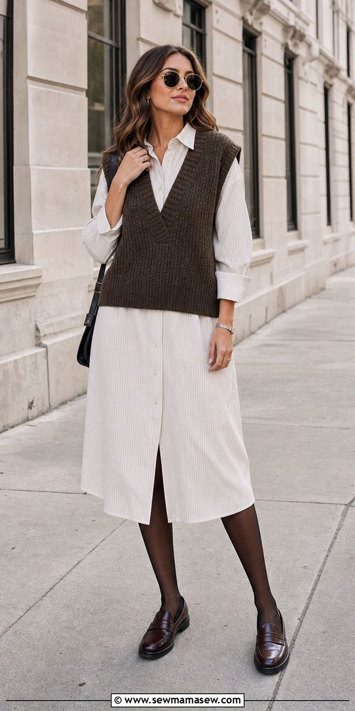 V Neck Sweater Vest Over a Button Down Midi Dress With Loafers - 25 Eclectic grandpa outfit ideas