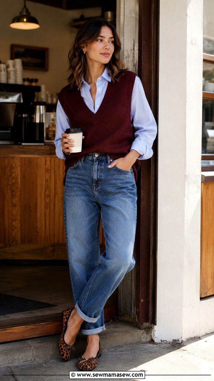 V Neck Sweater Vest With Collared Dress Shirt And Boyfriend Jeans - 30 How to style a sweater vest