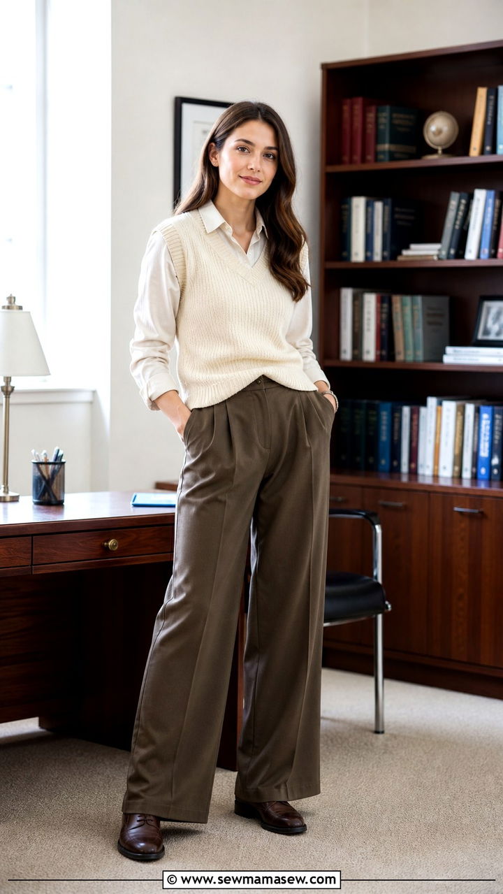 V Neck Sweater Vest With a Collared Shirt and Wide Leg Trousers - 40 First day of work outfits