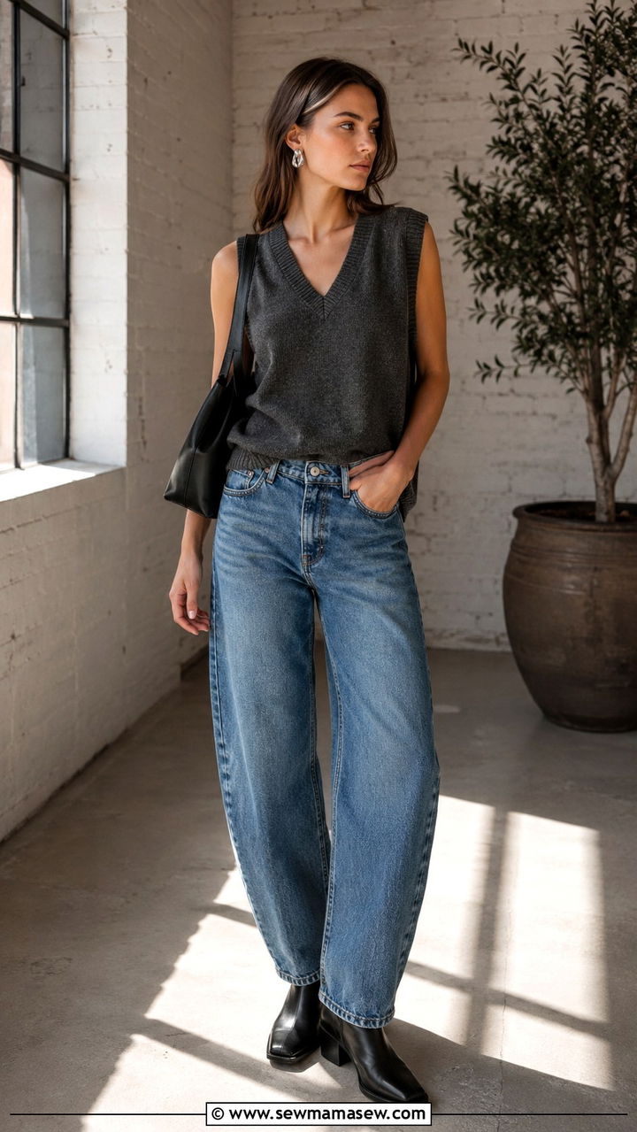 V Neck Sweater Vest and Barrel Leg Jeans - 30 model off duty outfits for women