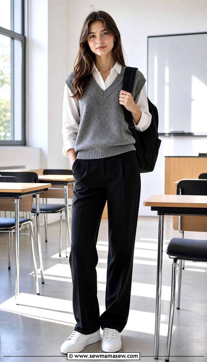 V Neck Sweater Vest and White Blouse Outfit - 25 Clean girl outfit ideas for school