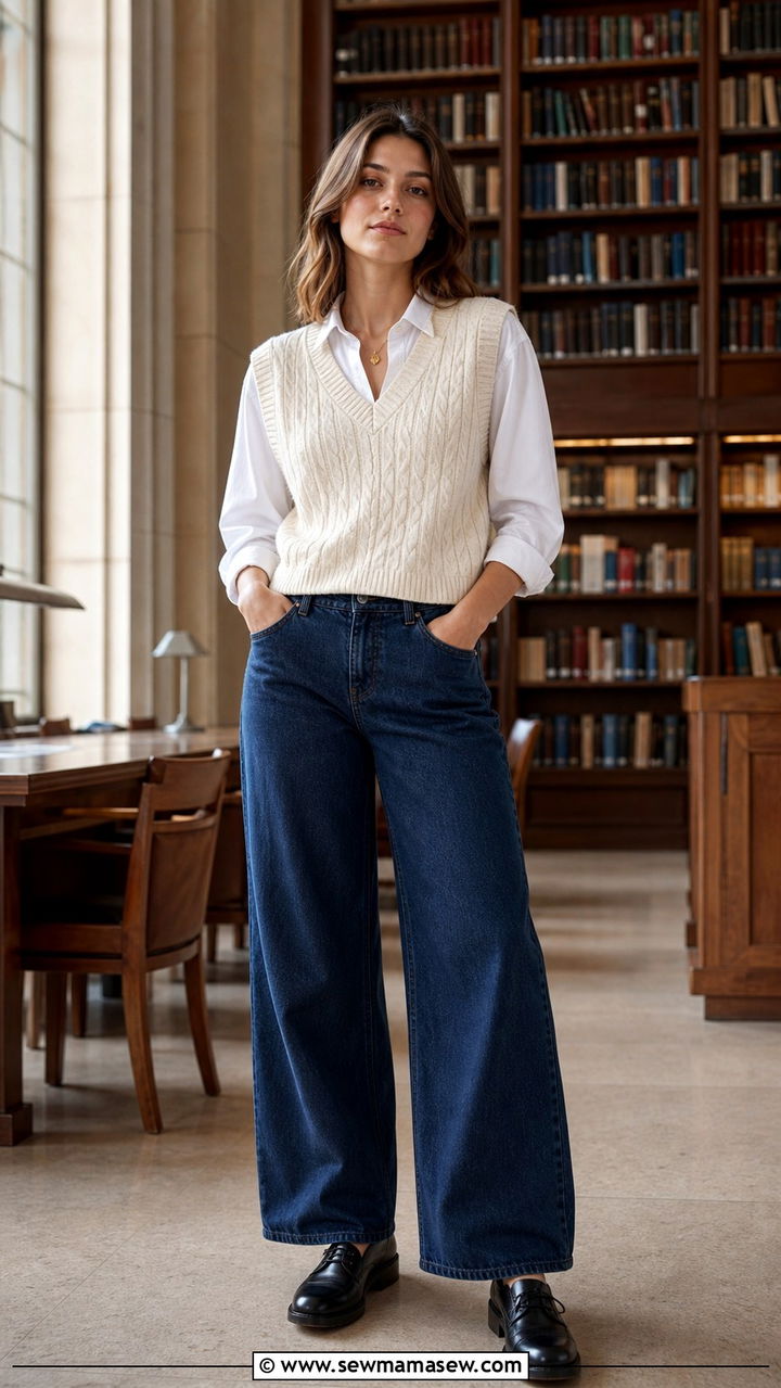 V Neck Sweater Vest with Wide Leg Jeans and Oxfords - 40 casual jeans outfits