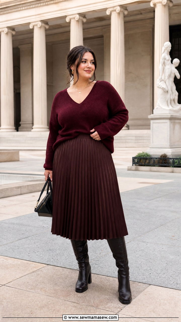 V Neck Sweater With A Pleated Midi Skirt And Knee High Boots - 35 Midsize capsule wardrobe