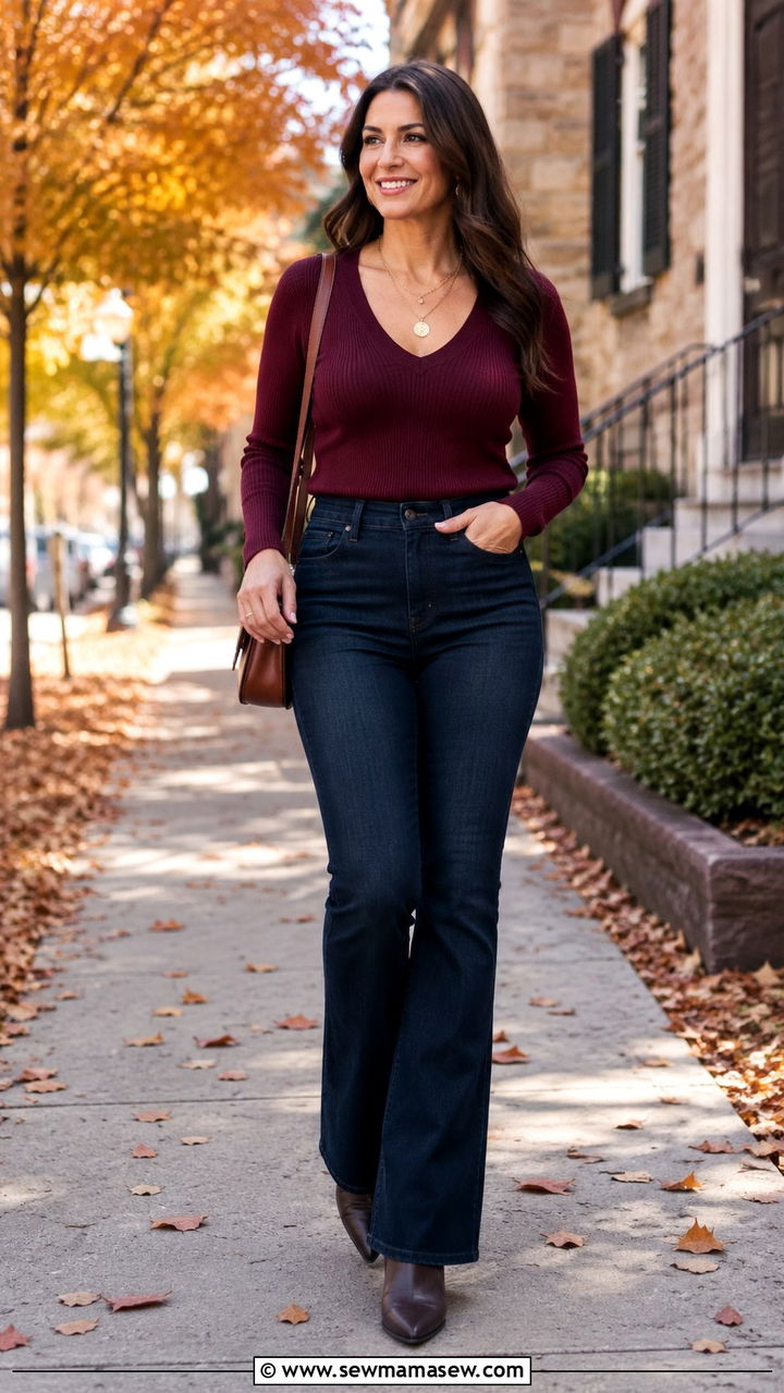 V Neck Sweater With Bootcut Jeans For Muffin Top - 20 Outfit ideas to hide muffin top