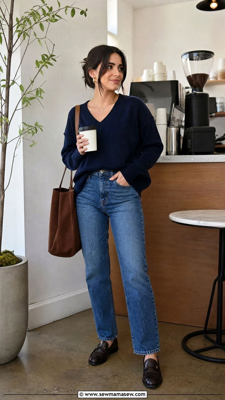 V Neck Sweater With High Waisted Straight Leg Jeans And Loafers - 25 Petite outfit ideas with apple shape
