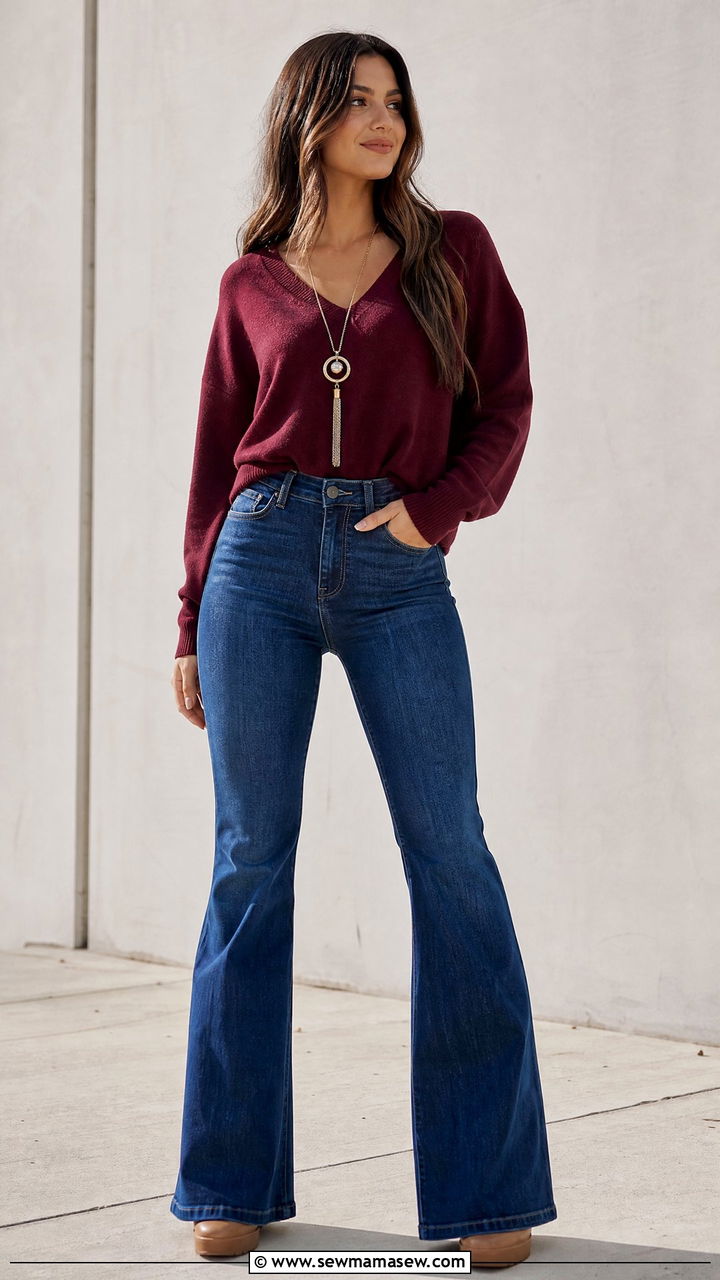 V Neck Sweater With Mid Rise Flare Jeans Outfit For Short Torso - 25 Outfits for short torso women