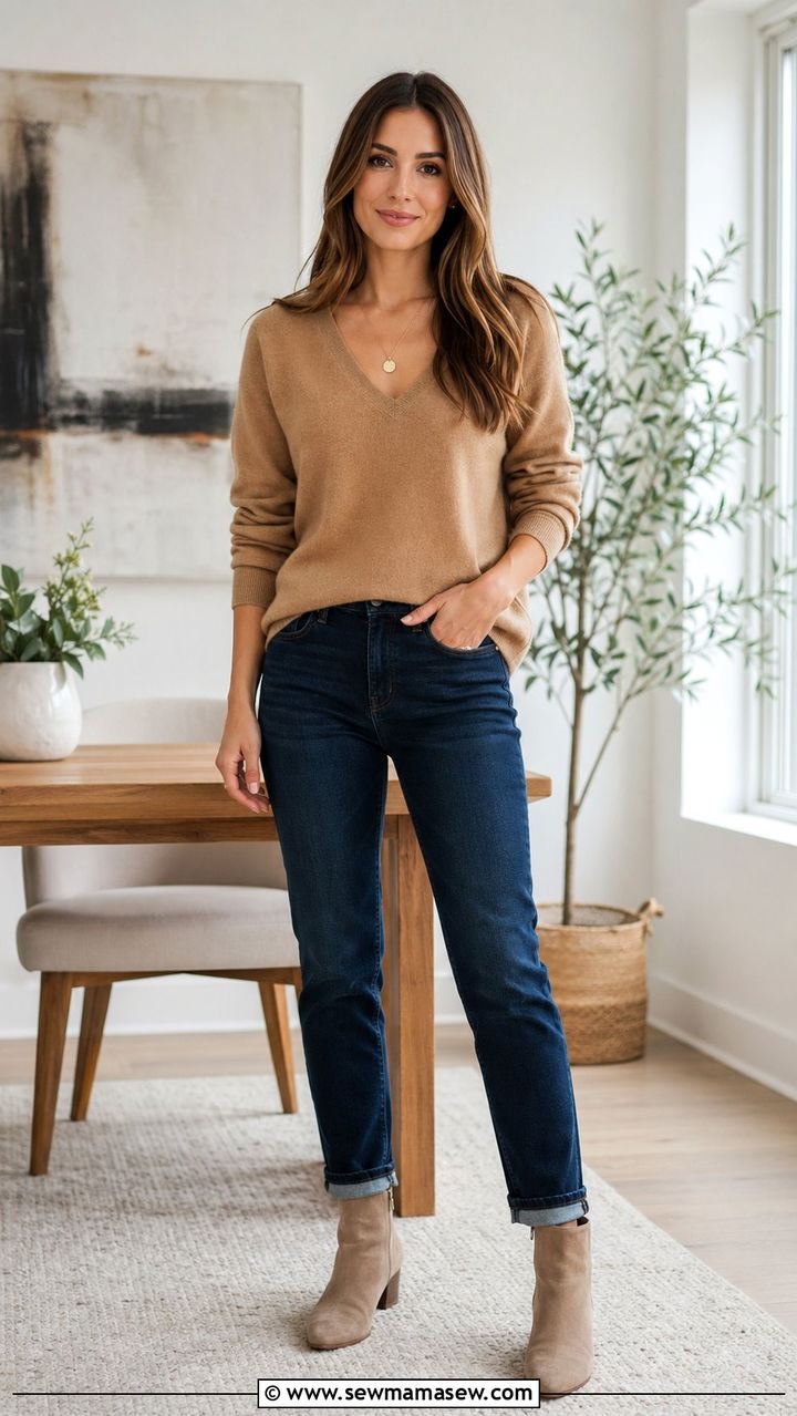 V Neck Sweater With Pendant Necklace And Dark Wash Jeans - 30 Zoom meeting outfit ideas