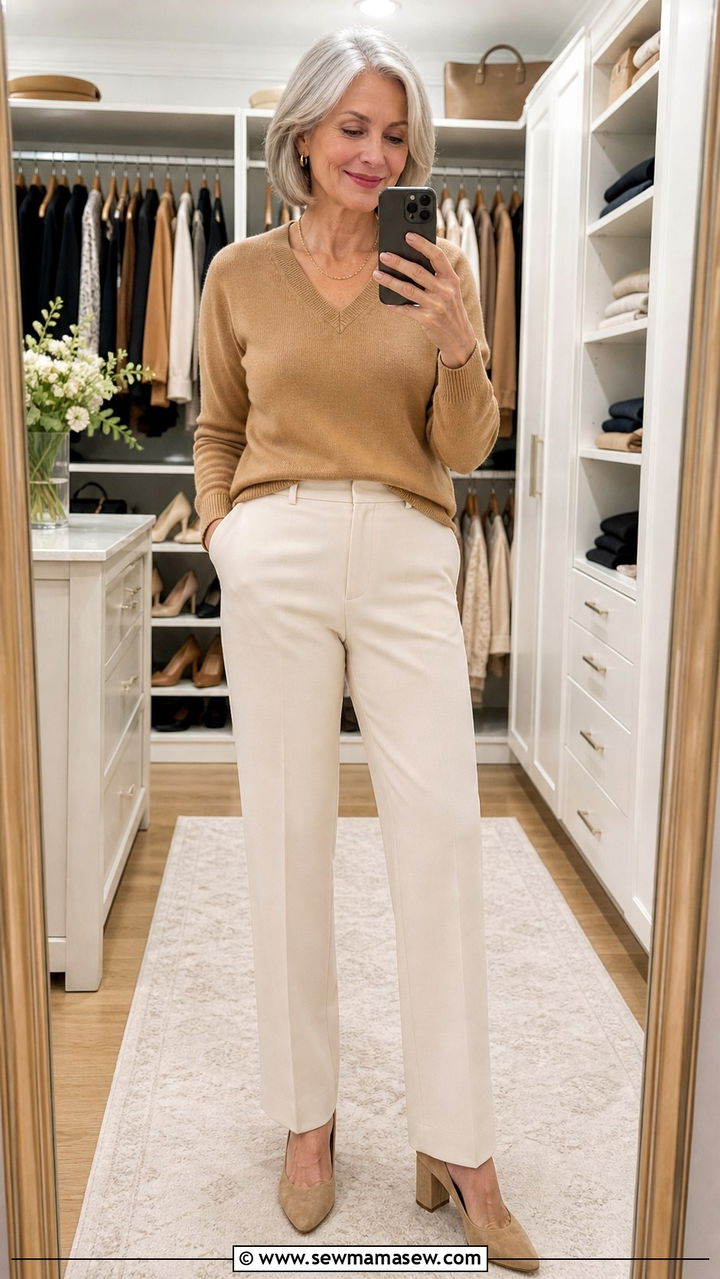 V Neck Sweater With Straight Leg Trousers - 20 Apple shape outfits for women over 50