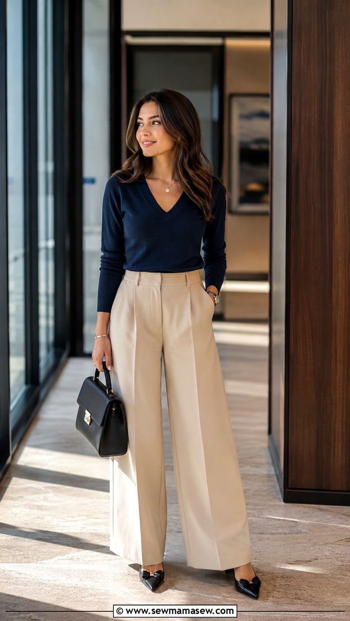 V Neck Sweater With Wide Leg Trousers And Pointed Flats - 25 Wide leg trousers outfit ideas with a sweater