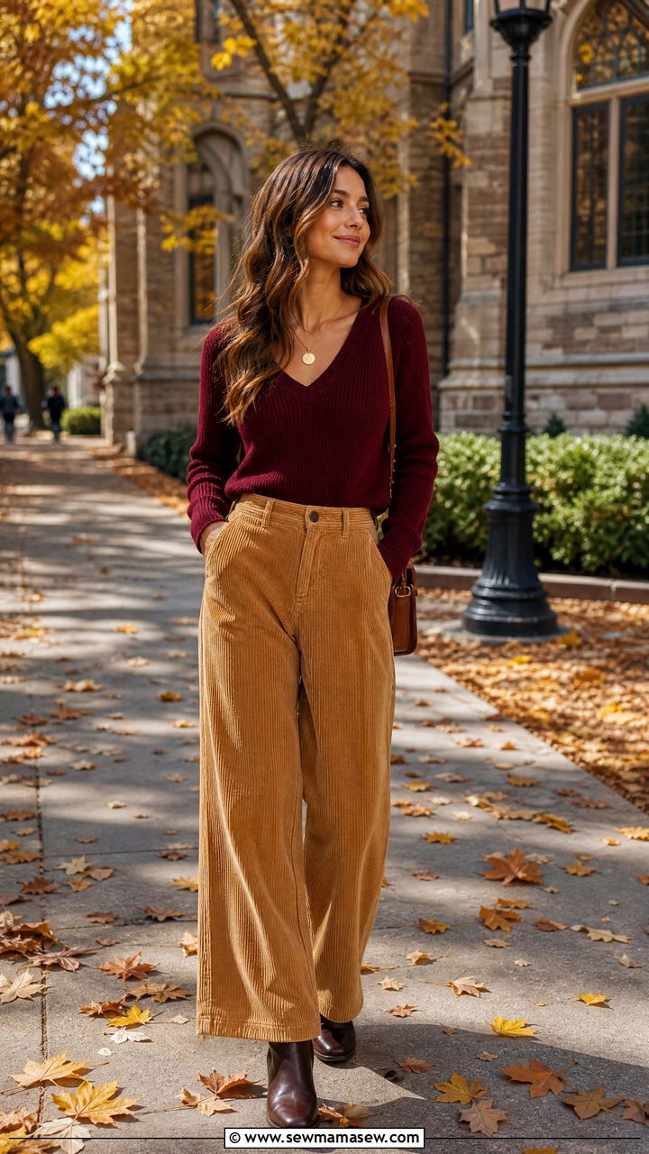 V Neck Sweater and Corduroy Pants - 25 Grad student outfit ideas